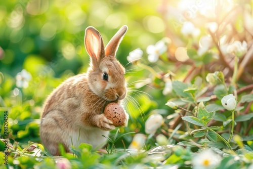 Bunny holding an egg among white flowers - Captivating image of a bunny tenderly holding an egg amidst a field of delicate white flowers in spring