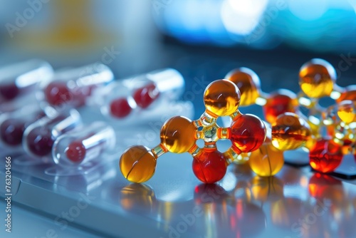 Close-up of colorful molecular model and pills - This image shows a close-up of a colorful molecular structure model with blurred capsules in the background, symbolizing medical research and drug deve photo