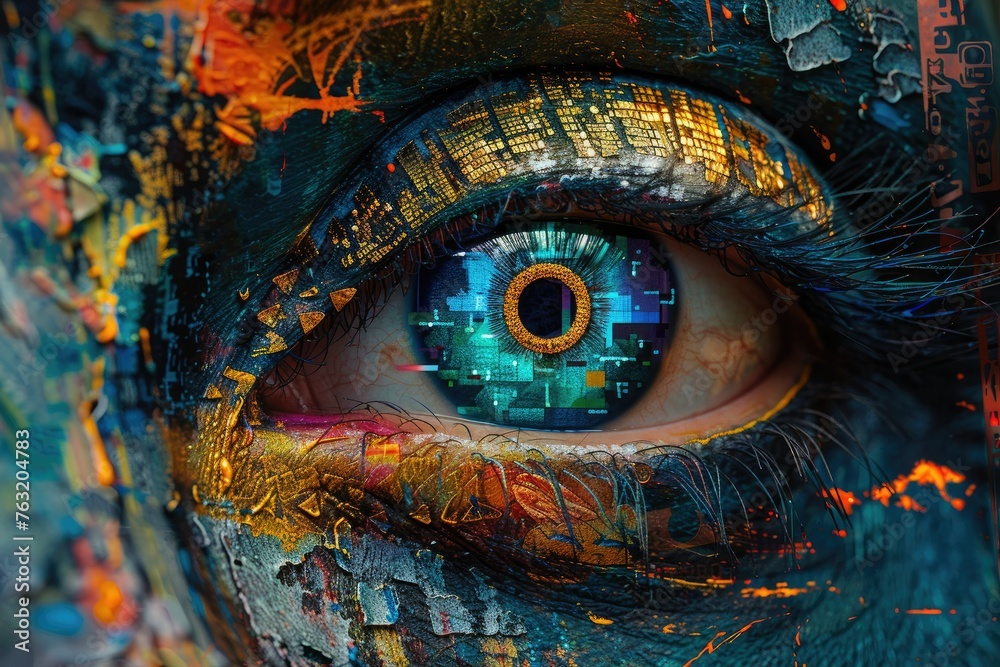 Futuristic eye with digital circuit patterns - Close-up of a human eye enhanced with digital elements, symbolizing technology and vision