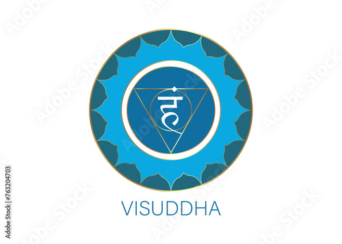 fifth Throat chakra visuddha with the Hindu Sanskrit seed mantra Vam. Blue is a flat design style symbol for meditation, yoga. Round Logo template Vector isolated on white background 