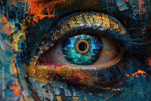 Futuristic eye with digital circuit patterns - Close-up of a human eye enhanced with digital elements  symbolizing technology and vision