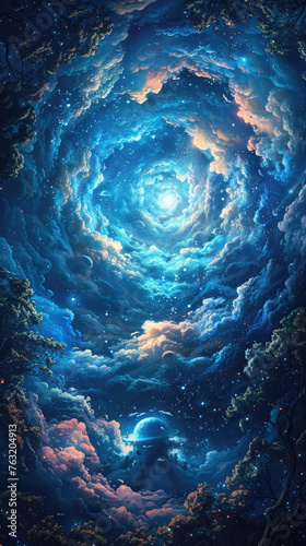 Majestic cosmic vortex among celestial trees - A mesmerizing display of a swirling galaxy framed by silhouetted trees under a starlit sky, evoking awe and wonder