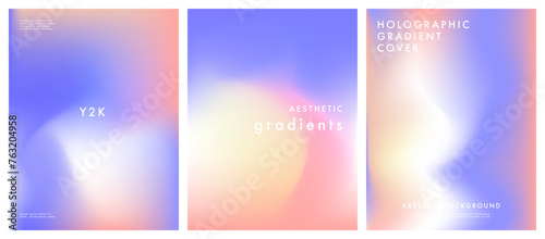 A set of Y2K holographic gradient posters. Iridescent aura pastel rainbow mesh background. Soft blurry pink, white and violet texture. Vector aesthetic for social media templates and graphic design