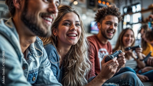 Happy friends playing video games in pub. Group of young people having fun together. photo