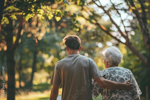 A Man Walking With His Old Mother In The Park During Daylight, Back View, Mother's Day