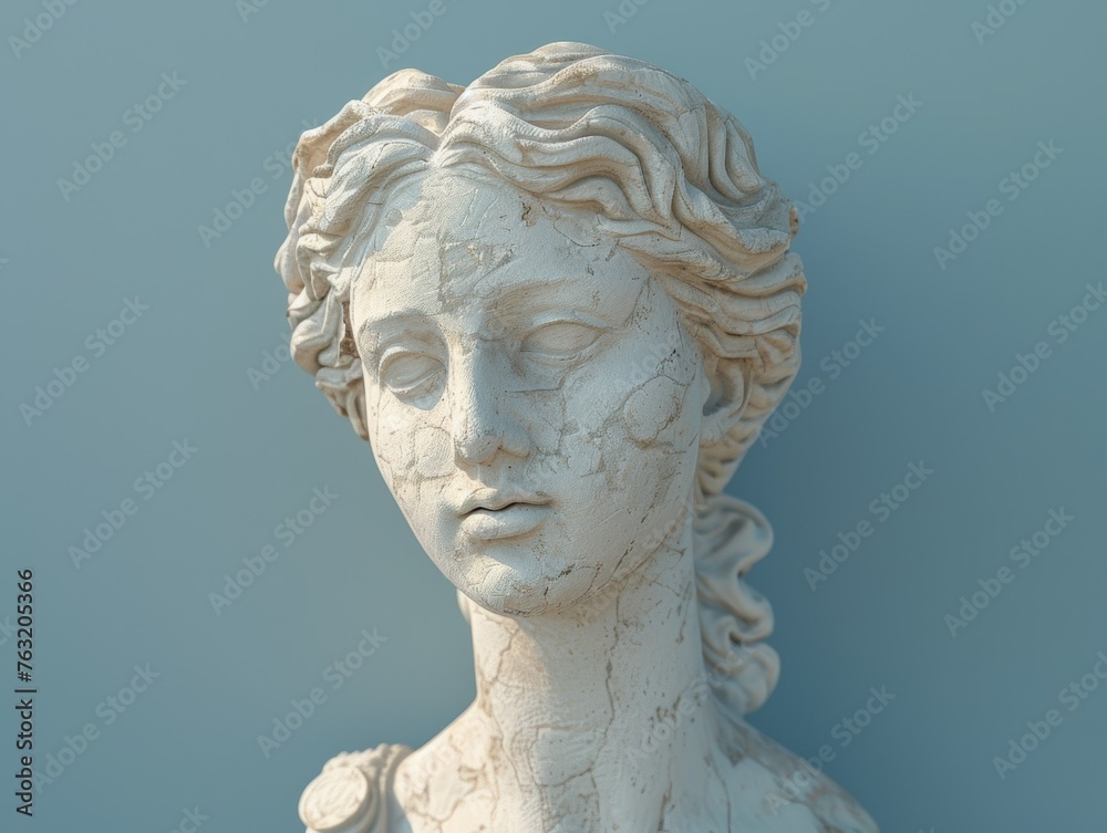 Greek Statue Head on Light Blue Background