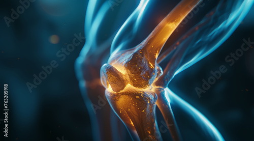 Digital illustration of a glowing knee joint with orange and blue light elements,ai generated photo
