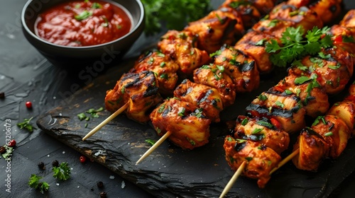 Indian chicken tikka skewers a traditional Indian dish displayed on a skewer with an AIgenerated caption. Concept Delicious Indian Chicken Tikka Skewers, Authentic Indian Recipe with a Twist