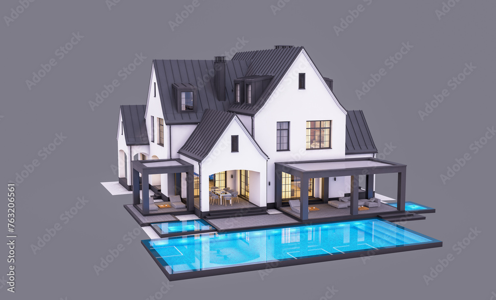 3d rendering of cute cozy white and black modern Tudor style house with parking and pool for sale or rent with beautiful landscaping. Fairy roofs. In evening Isolated on gray 3d rendering of cute cozy white and black modern Tudor style house with parking and pool for sale or rent with beautiful landscaping. Fairy roofs. In evening Isolated on gray