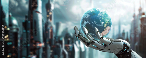 AI robot holding Earth globe in the futuristic city