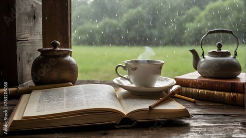 A steaming cup of tea sits on a rustic wooden table next to a vintage teapot and a stack of books on a rainy afternoon. --ar 3:2