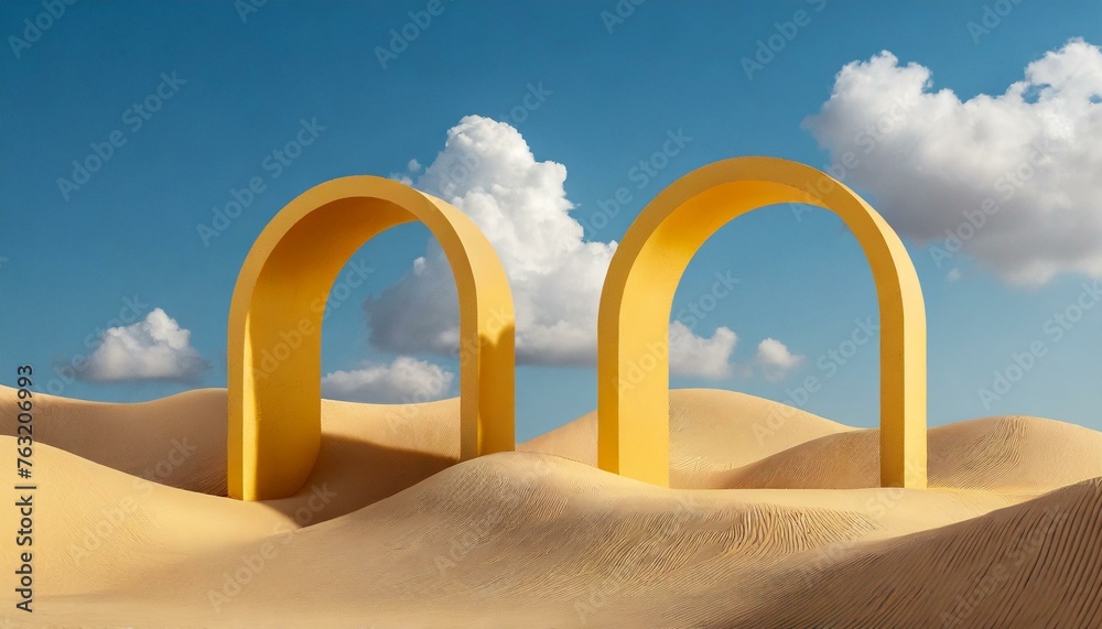 3D desert landscape with yellow arches and white clouds in the blue sky