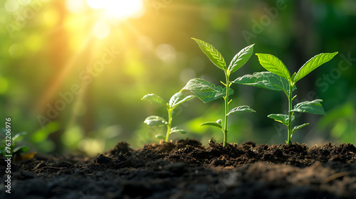 Saving environment, save clean planet, ecology concept. World Earth Day. Young plants growing at sunlight