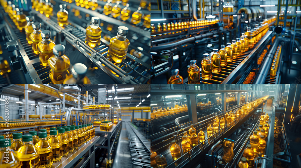 Futuristic Bottling Plant, Industrial Automation, Golden Production Line