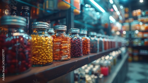 Graphical representation of medication for disease treatment, medical equipment, and the atmosphere inside a pharmacy, including a pharmacist medical equipment.