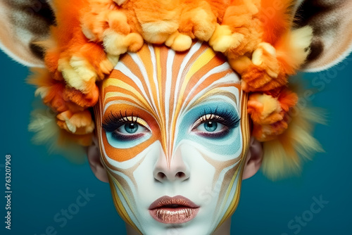 A woman with colorful face paint and a crown on her head