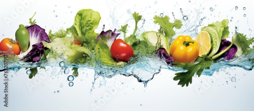A variety of colorful vegetables are playfully splashing in the fresh water, creating a vibrant and artistic scene of natural foods and plant life