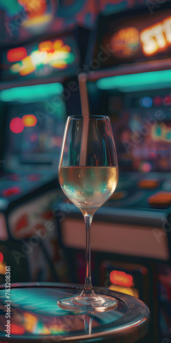 Mobile vertical wallpaper photograph of white wine glass in a 90s arcade center.. Story post. © MadSwordfish
