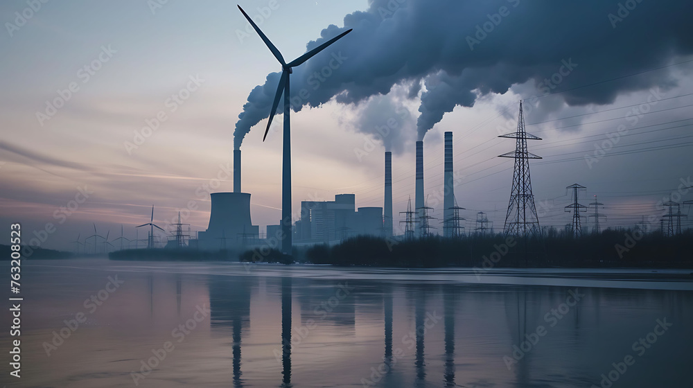 Single wind turbine, a coal burning power plant with pollution and electricity pylons in the background. Single wind turbine, a coal burning power plant with pollution and electricity pylons in the background.