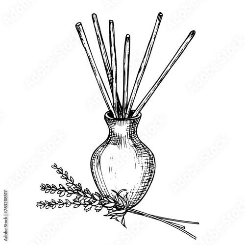 Diffuser with Lavender Vector illustration. Drawing of refresher with floral scent in line art style. Sketch of essential oil for aromatherapy painted by black inks. Aromatic sticks with herbs.