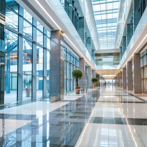 a large glass hallway with a large window