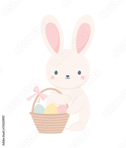 Cute Easter bunny holding a basket of Easter eggs, isolated on a white background. Easter character. Flat vector illustration