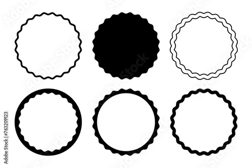 Set of different wiggly circle frames. Round shapes with squiggly borders. Wavy photo vignettes, mirror framings, empty textboxes, design elements for scrapbooking albums. Vector graphic illustration.