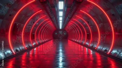 a red and black tunnel with lights