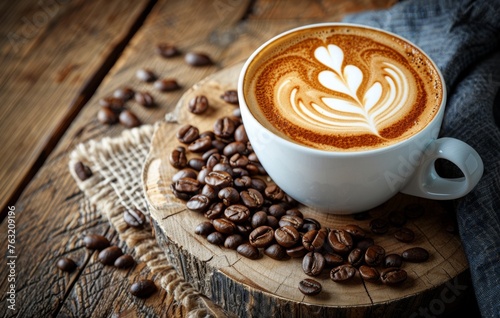 A warm cup of latte art coffee on a wooden surface surrounded by scattered coffee beans, evoking a cozy, aromatic atmosphere