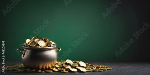  Leprechaun Pot of Gold Coins. A ceramic pot overflowing with gold coins sits on a flat surface. The pot has a decorative pattern. The coins are golden yellow and appear old.
