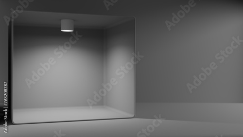Empty podium or pedestal display on black background. 3D rendering.