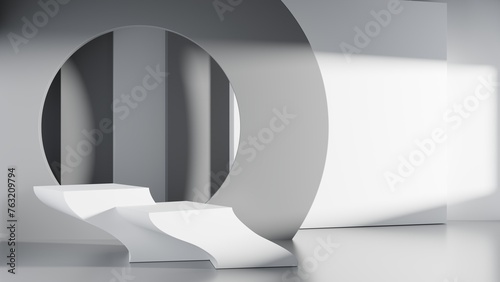 White empty podium or pedestal display on grey background. 3D rendering.