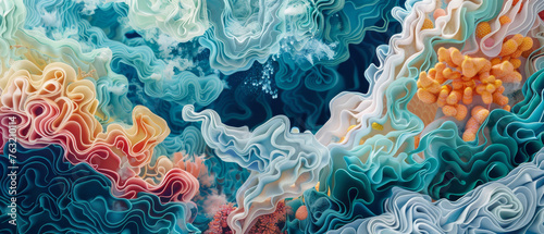 Background panorama. Magical Waves of Coral Reef. An abstract image of coral reefs in a wave-like motion with vibrant colors and textures. © kaznadey