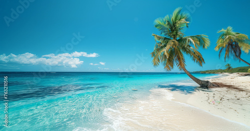 A pristine beach with turquoise waters, clear skies, and lush palm trees offering a perfect tropical paradise.