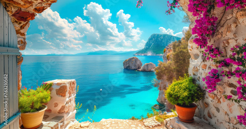 A picturesque view of a serene blue ocean, surrounded by rocky formations, captured from a stone balcony adorned with vibrant flowers.