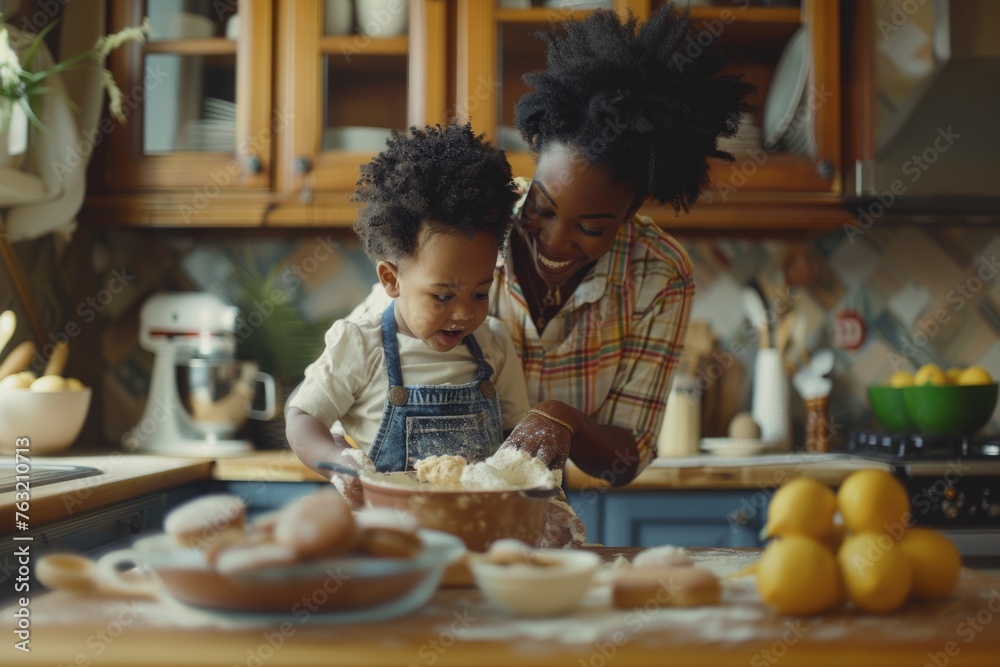 Happy African American Mother And Son Baking, In the Kitchen in Daylight