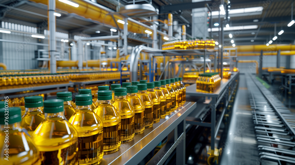 High-Tech Yellow Bottling Factory, Automated Production Line, Industrial Machinery High-Tech Yellow Bottling Factory, Automated Production Line, Industrial Machinery