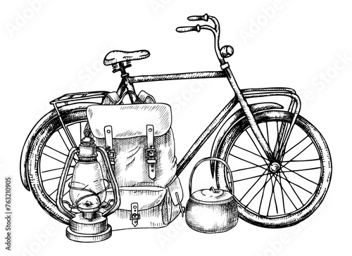 Bicycle with Camping equipment. Vector illustration of cycle with backpack in line art style. Monochrome hand drawn drawing of sport objects for adventure. Etching for hiking painted by black inks
