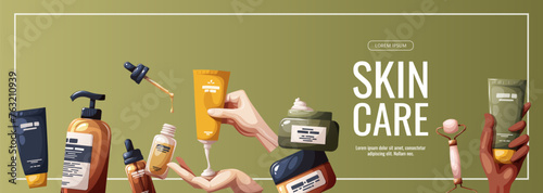 Banner design with set of beauty products, cosmetics. Beauty, skin care, body care, cleansing concept. Vector illustration for banner, poster, advertising.