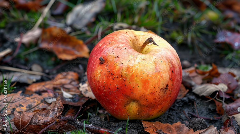 A ripe apple on earthy soil amidst fallen leaves and grass. A ripe apple on earthy soil amidst fallen leaves and grass.