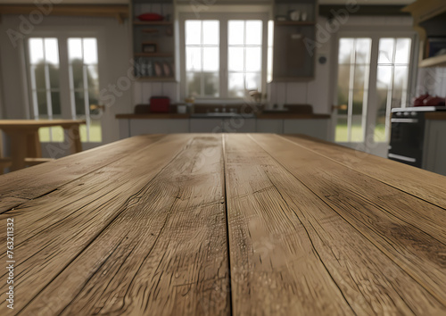 Wooden Table View In A Countryside Kitchen With The View On A Window And A Garden - A Body Of Water With Rocks And Trees