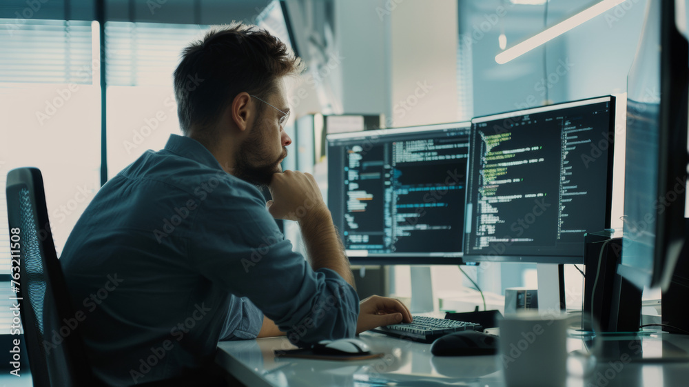 A focused programmer immersed in complex code on dual screens. A focused programmer immersed in complex code on dual screens.