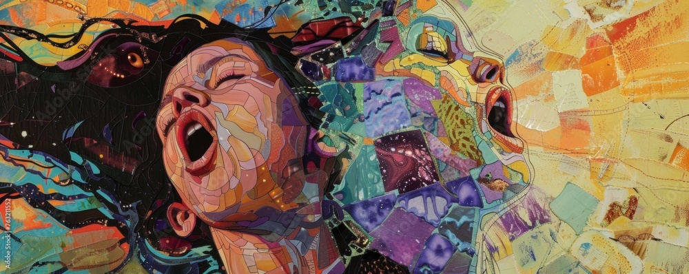 Colorful Collage of Girl Experiencing a Whirlwind of Emotions in Abstract Art Piece