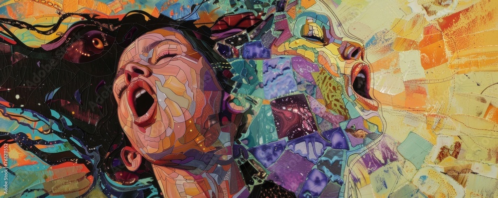 Colorful Collage of Girl Experiencing a Whirlwind of Emotions in Abstract Art Piece Colorful Collage of Girl Experiencing a Whirlwind of Emotions in Abstract Art Piece