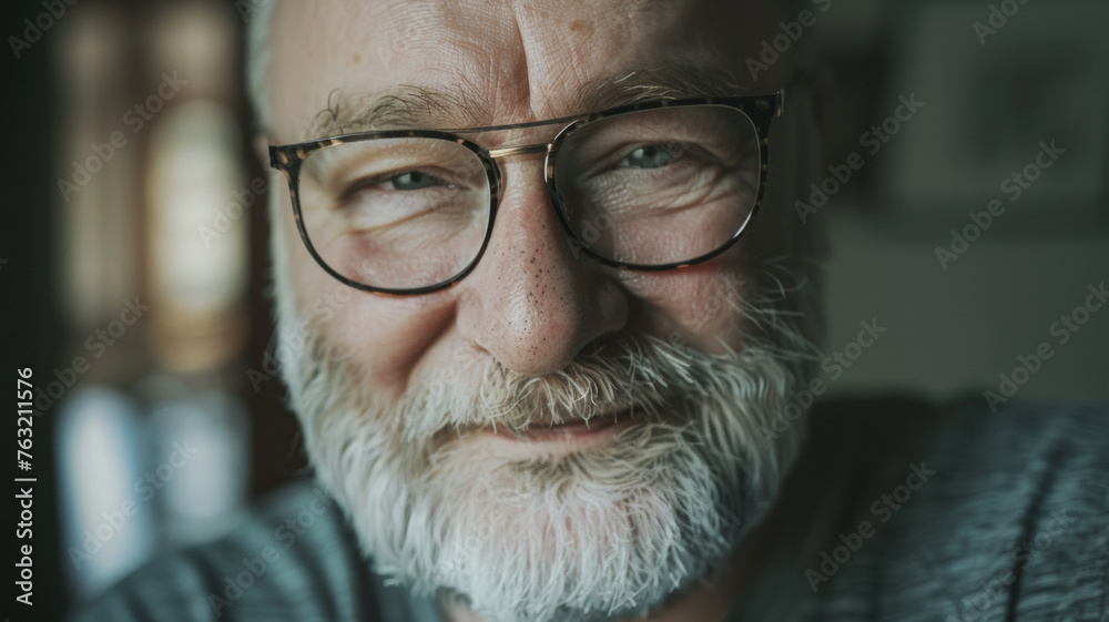 Intimate portrait of a bearded senior man with a knowing smile and kind eyes. Intimate portrait of a bearded senior man with a knowing smile and kind eyes.