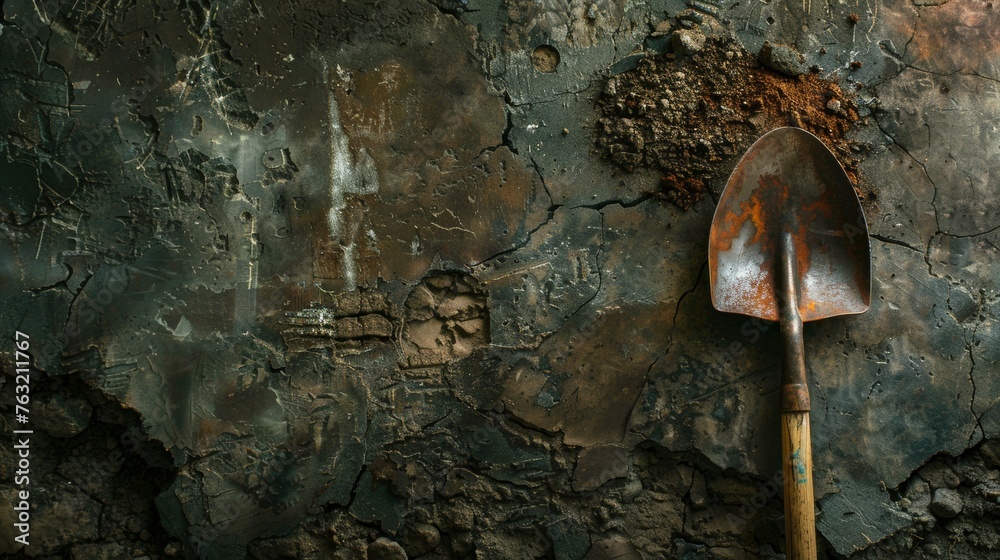Rustic Shovel Against Aged Wall With Peeling Paintwork in a Dimly Lit Setting - obrazy, fototapety, plakaty 