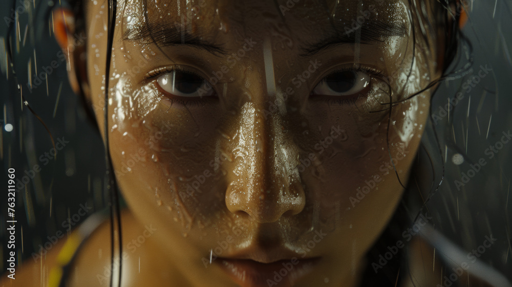 Close-up of a contemplative woman's face, raindrops tracing her skin through a windowpane. Close-up of a contemplative woman's face, raindrops tracing her skin through a windowpane.