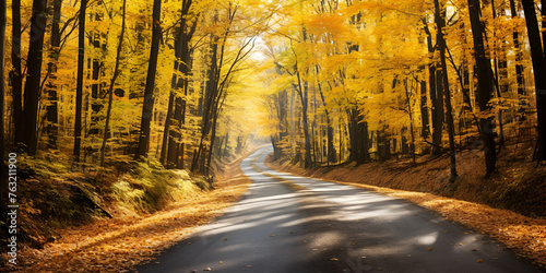 Beautiful autumn landscape, autumn in the forest, Beautiful view of asphalt road going through autumn forest, A scenic forest road in autumn, Generative AI
