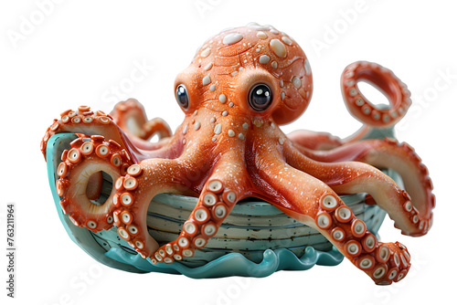 A 3D cartoon style rendering of a playful octopus enjoying a leisurely cruise on a colorful ship.