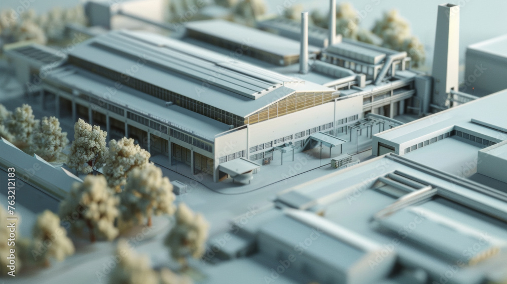 Miniature industrial complex model bathed in soft daylight.